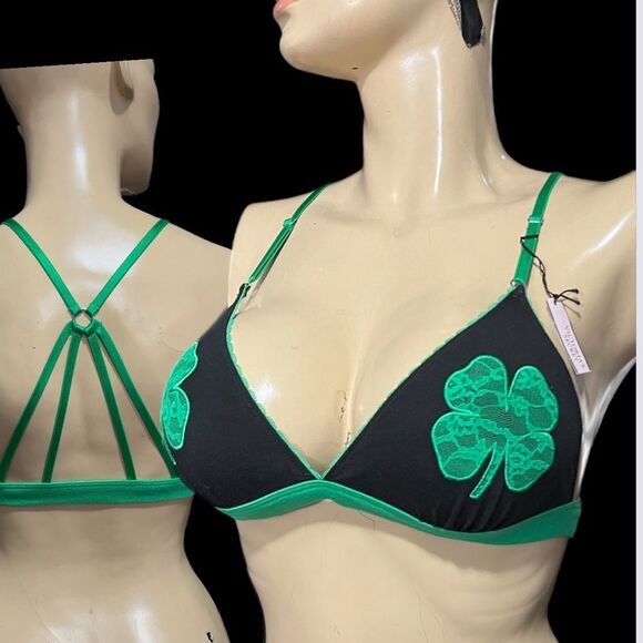 Victoria's Secret St. Patrick's Day Shamrock Unlined Bralette Bra Black … - Picture 1 of 6